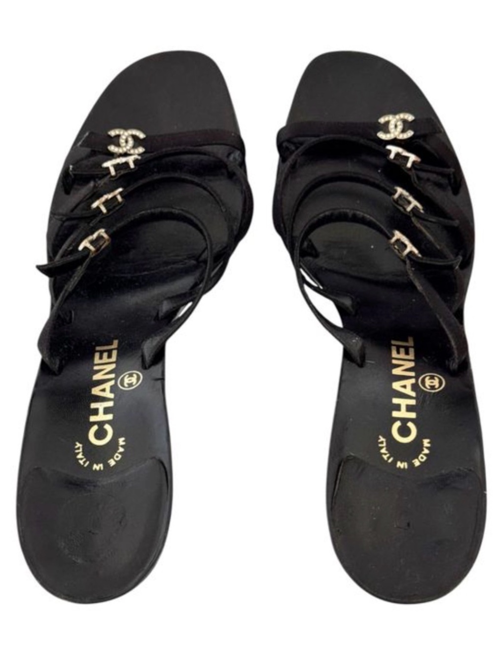 Vintage Chanel Black Satin Rhinestone CC Strap Slide Heels / Mules - Picture 2 of 7